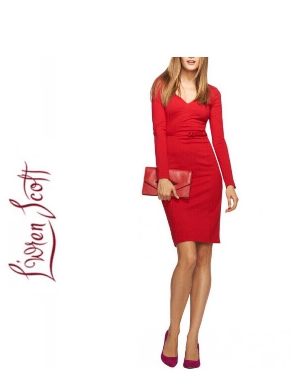 EUC L’Wren Scott Banana Republic Red Long-Sleeve Belted Sheath Dress